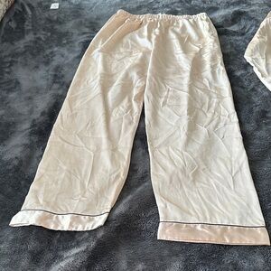 Cream Satin Button-Up Pajama Set Women’s Size Medium with Black Piping